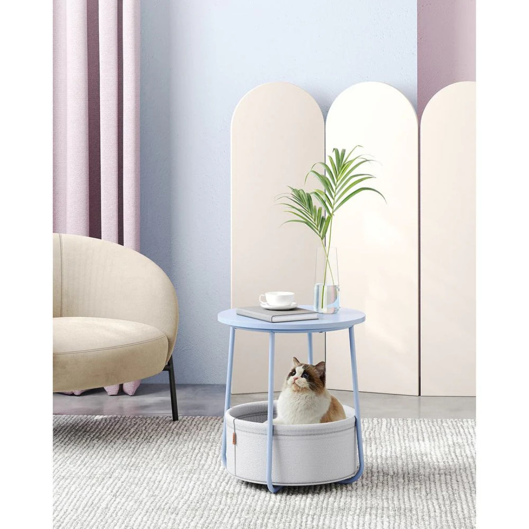 Round Nightstand With Fabric Basket Modern Bedside Table