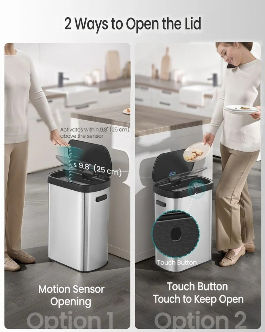 13-Gallon Motion Sensor Trash Can with Soft-Close Lid, Touchless Stainless Steel