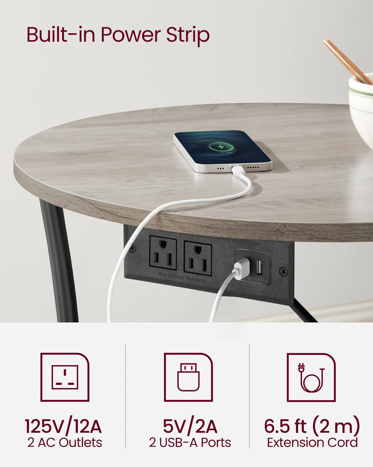 2 Tier Round Side Table With Power Outlets And USB Ports - product photo 12