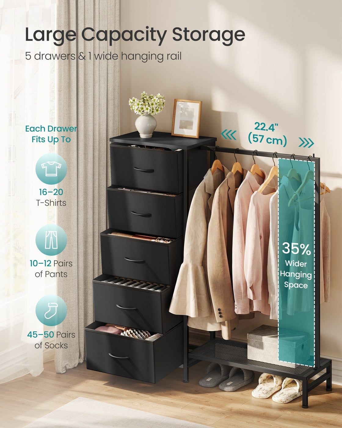 3 In 1 Dresser With Garment Rack, 5 Fabric Drawers And Bottom Shelf - product photo 22