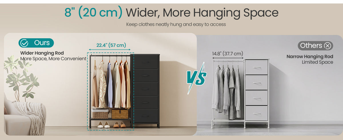 3 In 1 Dresser With Garment Rack, 5 Fabric Drawers And Bottom Shelf - product photo 28