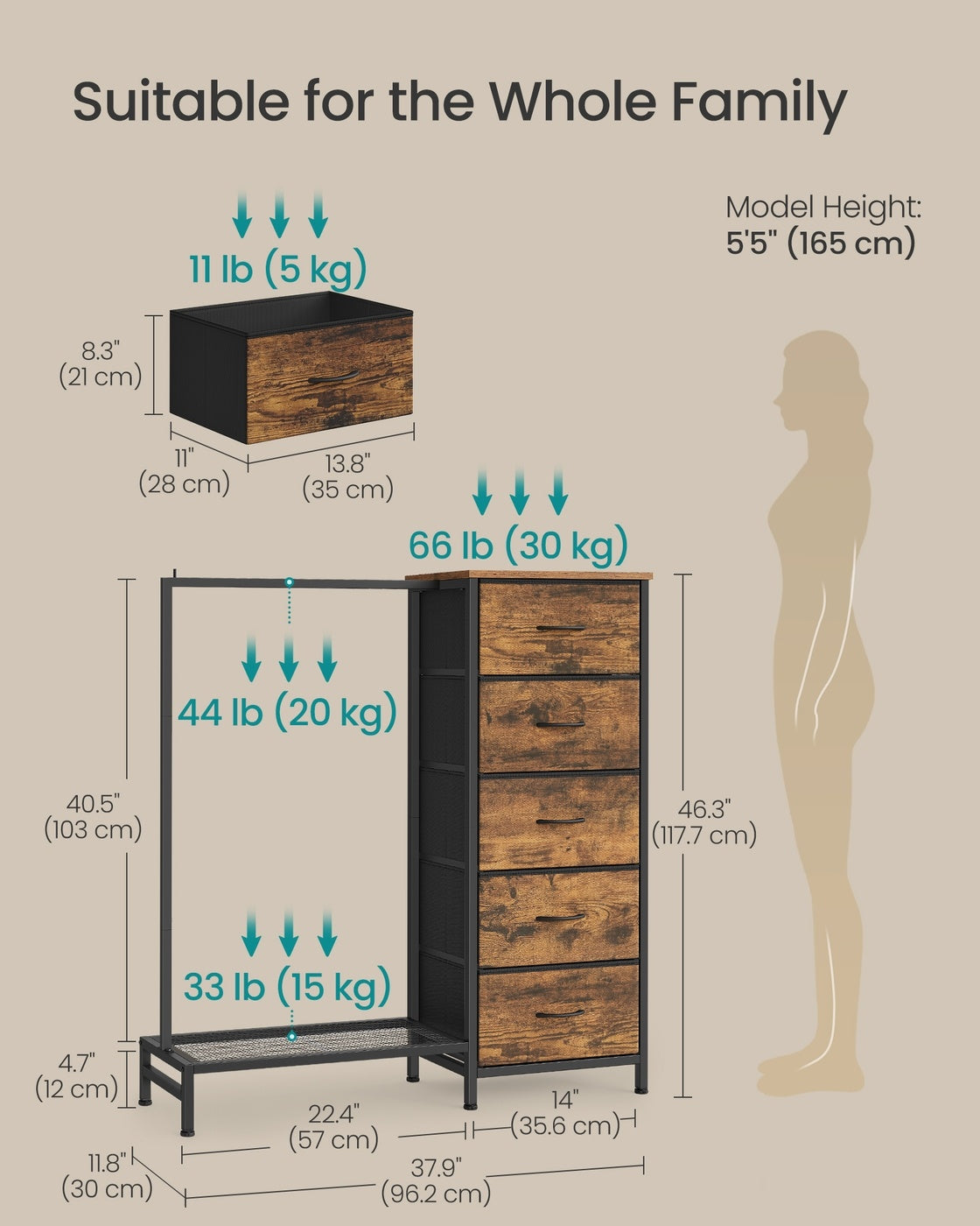 3 In 1 Dresser With Garment Rack, 5 Fabric Drawers And Bottom Shelf - product photo 36