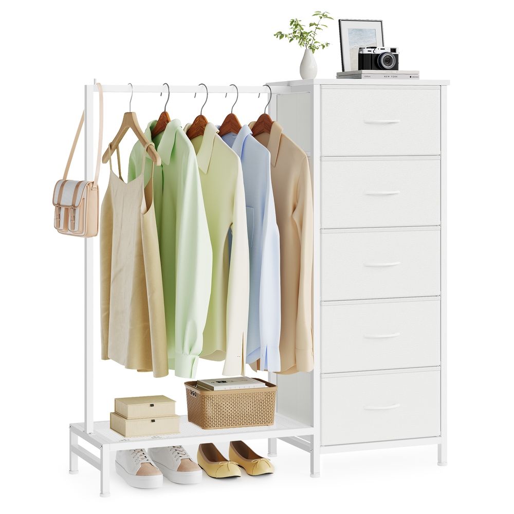 3-in-1 Dresser With Garment Rack 5 Fabric Drawers & Bottom Shelf - product photo 01