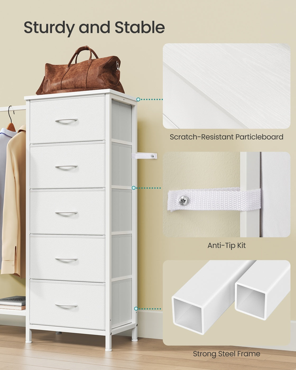 3-in-1 Dresser With Garment Rack 5 Fabric Drawers & Bottom Shelf - product photo 06