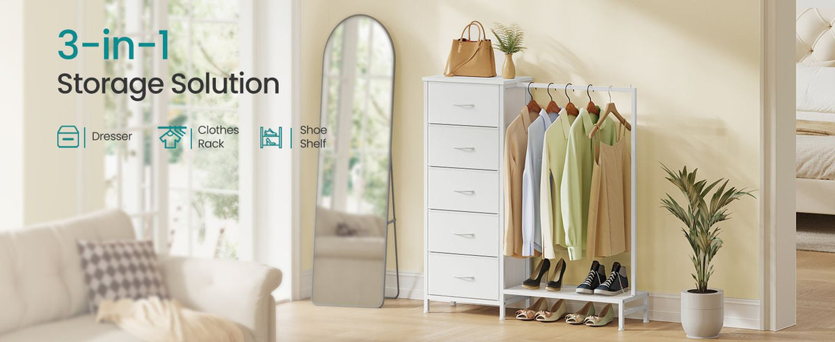 3-in-1 Dresser With Garment Rack 5 Fabric Drawers & Bottom Shelf - product photo 08