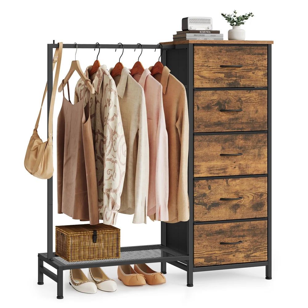 3-in-1 Dresser With Garment Rack 5 Fabric Drawers & Bottom Shelf - ULGS423K101S