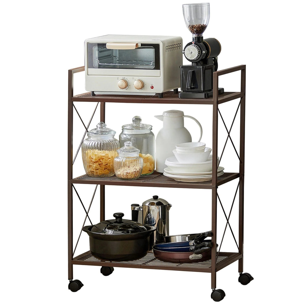 3 Tier Metal Storage Rack With Wheels And Mesh Shelves – product view 2 | Ridgefield Furniture