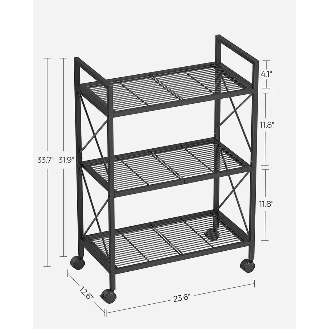 3 Tier Metal Storage Rack With Wheels And Mesh Shelves – product view 12 | Ridgefield Furniture