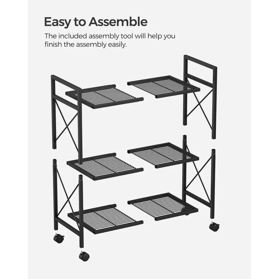 3 Tier Metal Storage Rack With Wheels And Mesh Shelves – product view 13 | Ridgefield Furniture