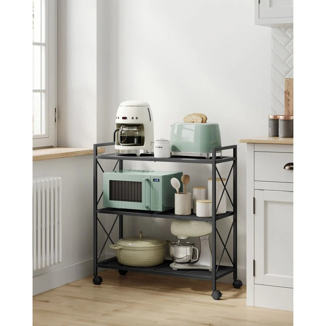 3 Tier Metal Storage Rack With Wheels And Mesh Shelves – product view 14 | Ridgefield Furniture