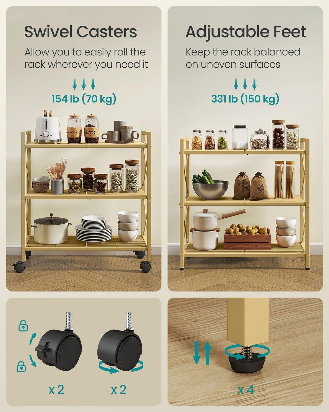 3 Tier Metal Storage Rack With Wheels For Kitchen Or Bathroom - product photo 06