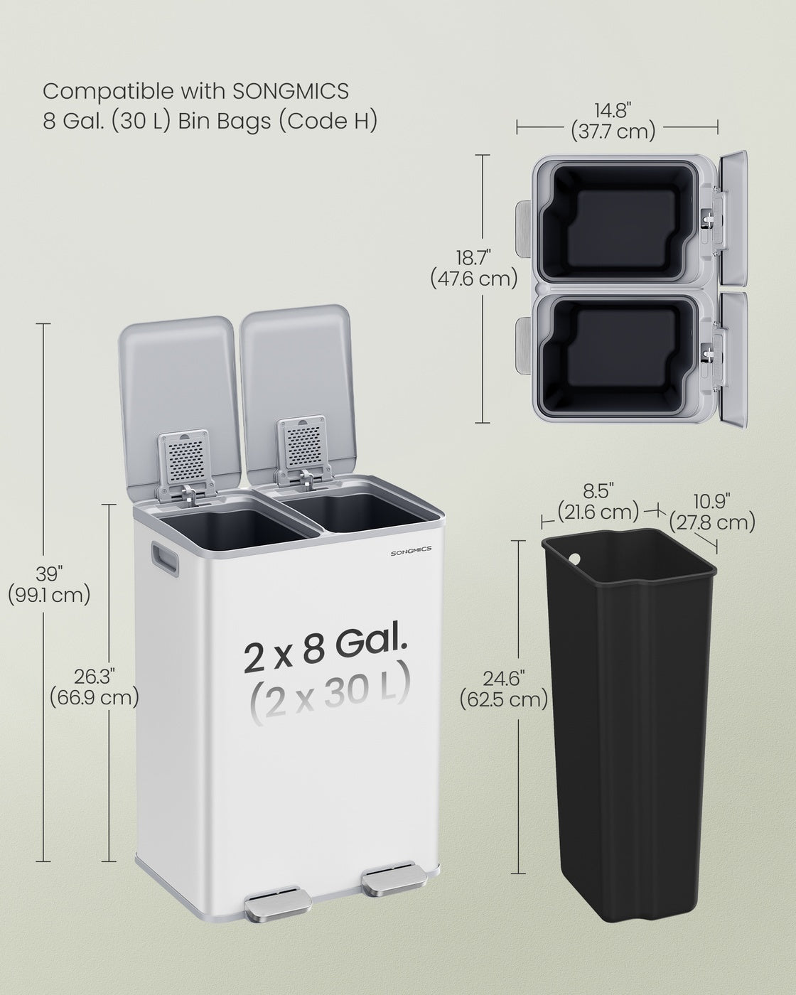 30L X 2 Trash Bin, Dual Pedal, Soft-Close, Stainless Steel, 15 Liners - product photo 06