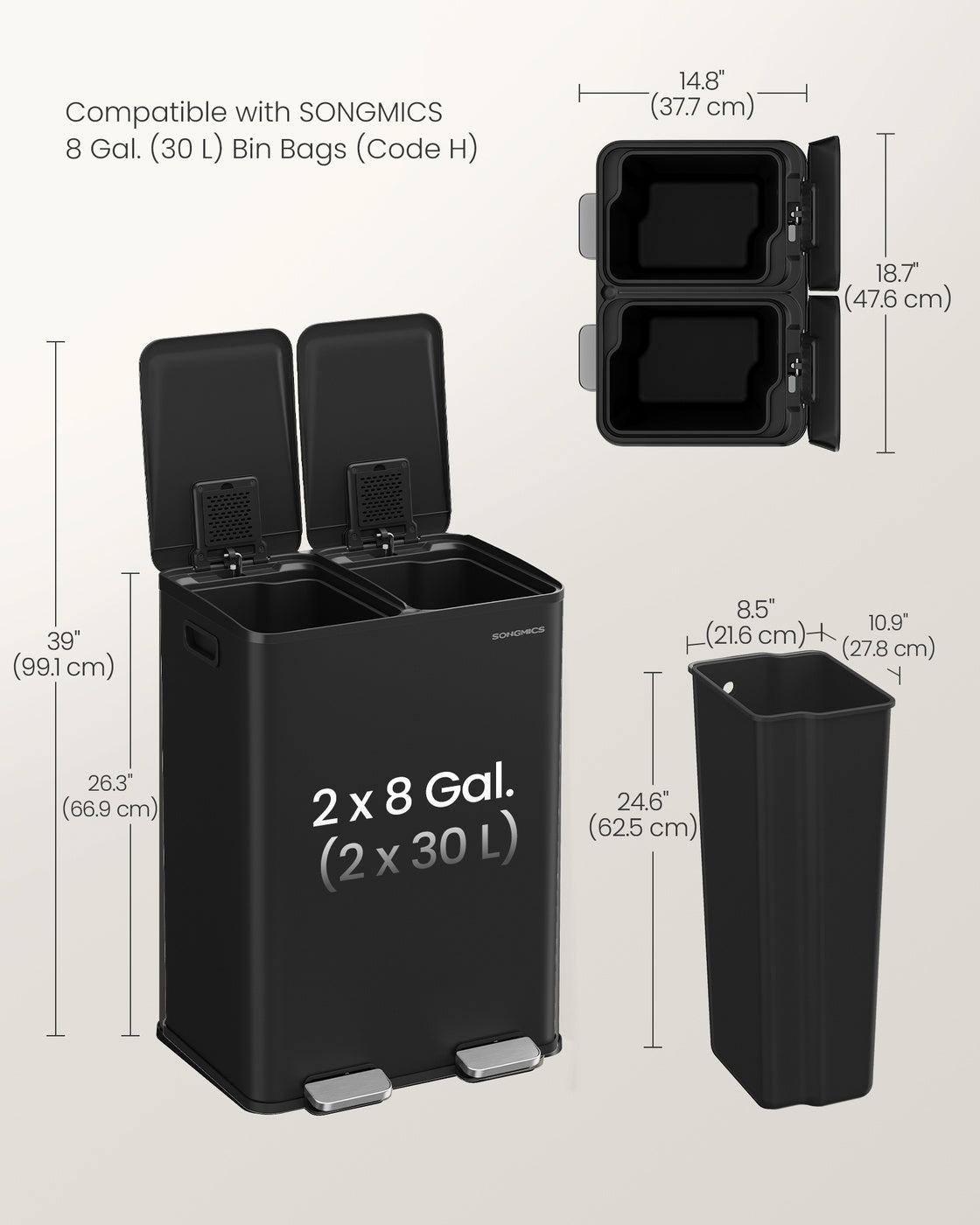 30L X 2 Trash Bin, Dual Pedal, Soft-Close, Stainless Steel, 15 Liners - product photo 13