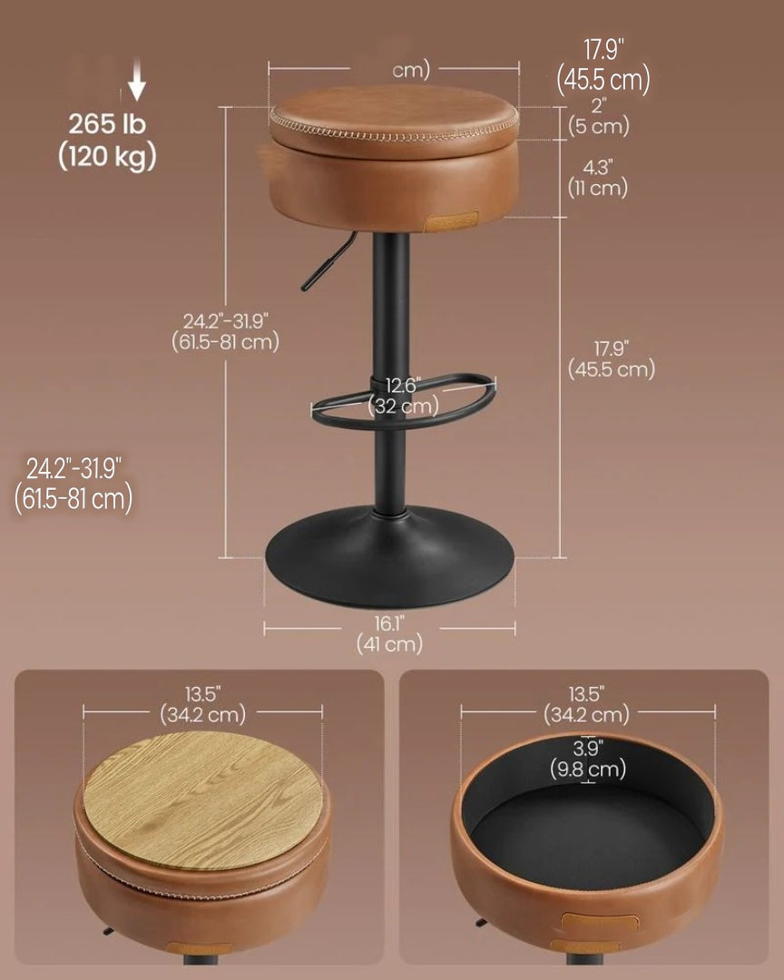 360° Swivel Bar Stool with Adjustable Height and Storage Compartment – product view 12 | Ridgefield Furniture