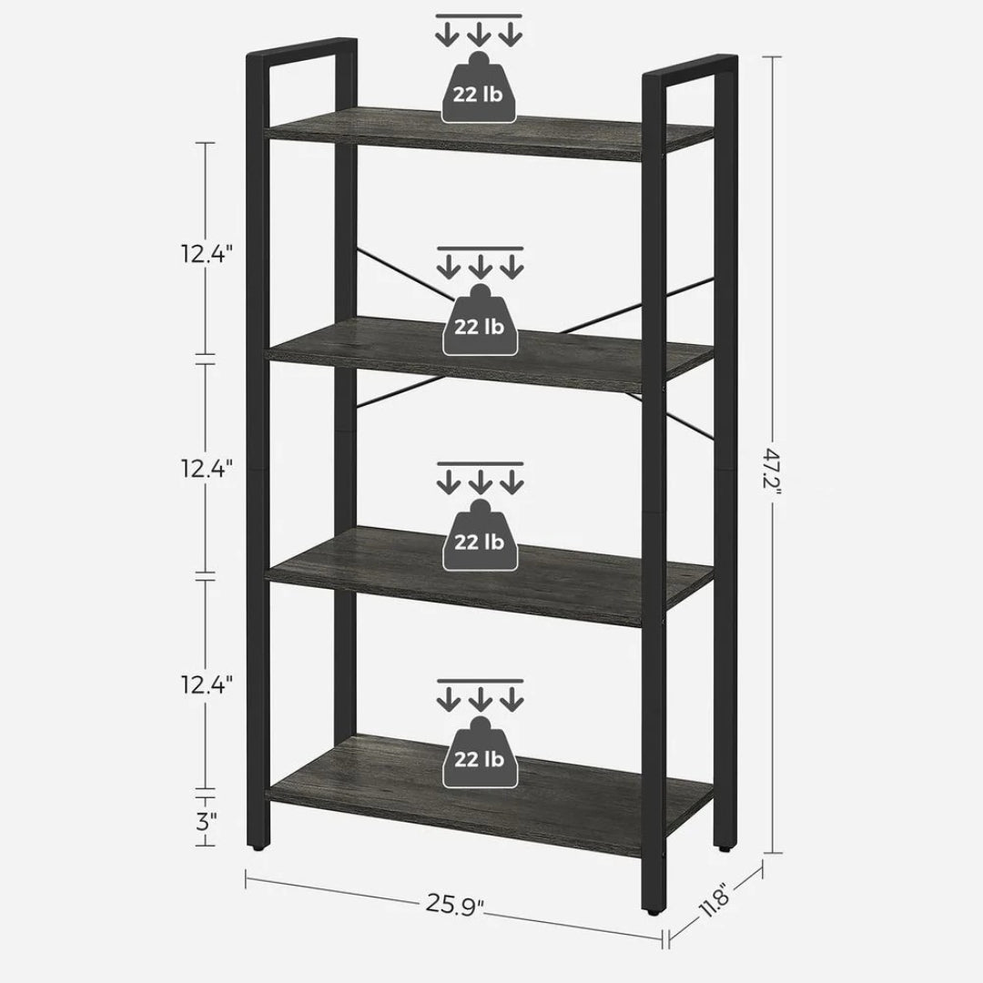 4 Tier Bookshelf With Steel Frame Industrial Storage Shelf – product view 21 | Ridgefield Furniture