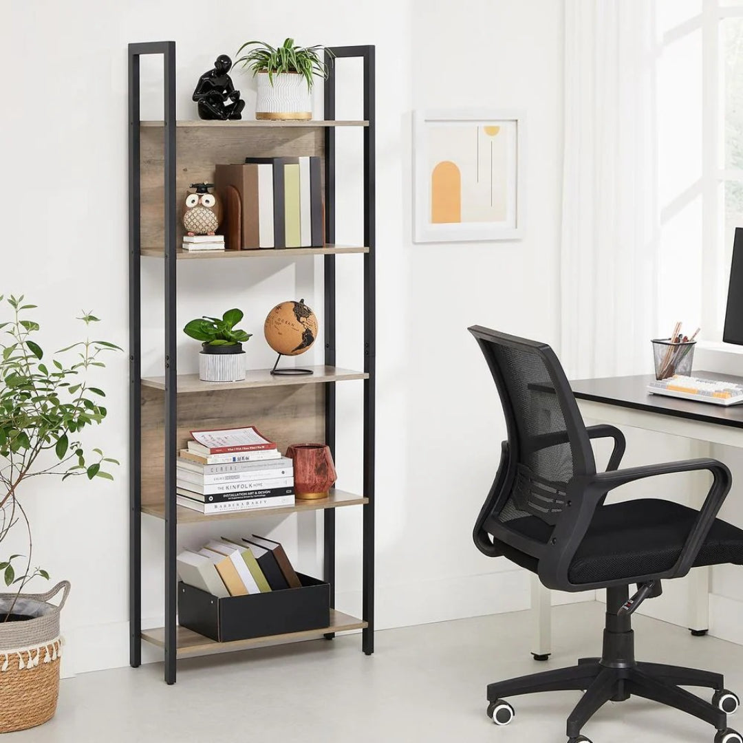 5 Tier Bookshelf With Steel Frame Industrial Bookcase – product view 4 | Ridgefield Furniture