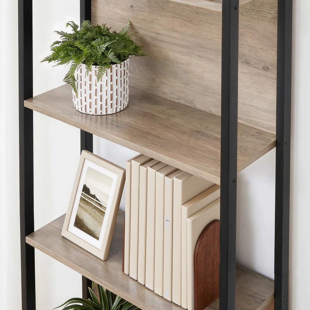 5 Tier Bookshelf With Steel Frame Industrial Bookcase – product view 6 | Ridgefield Furniture