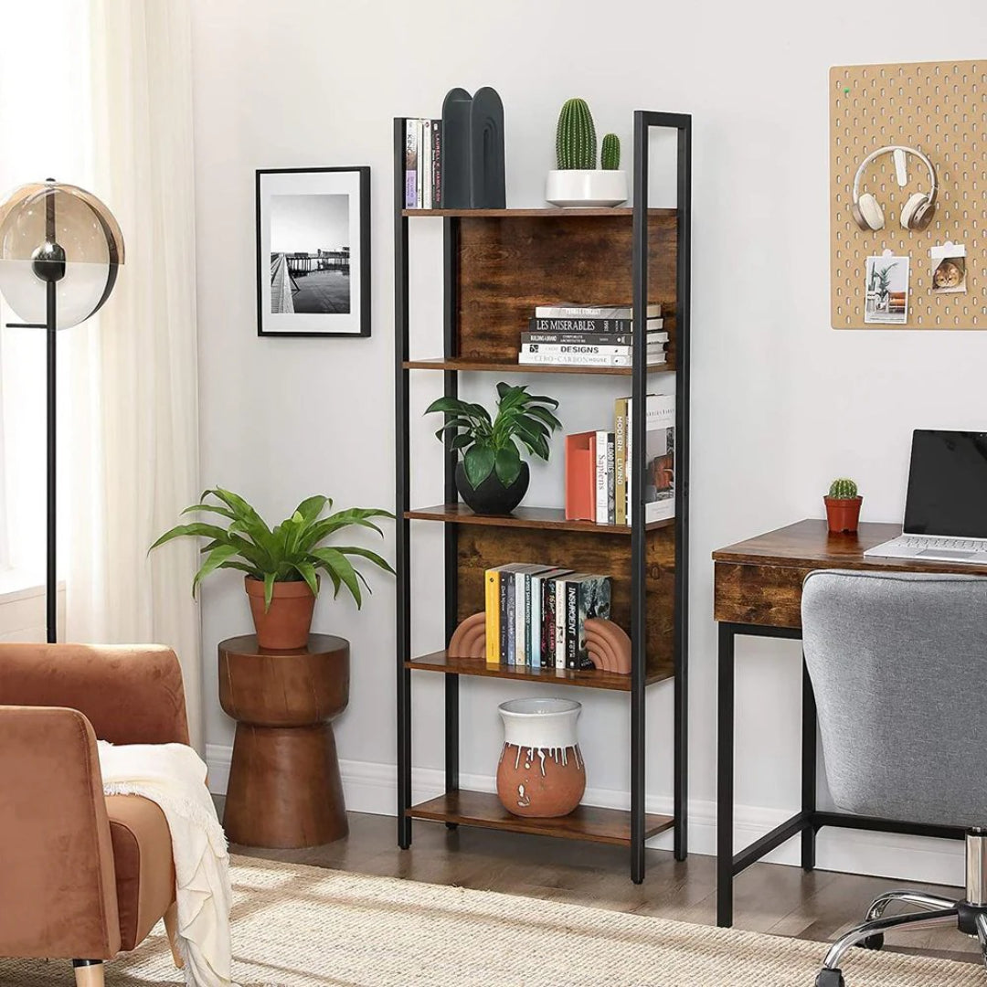 5 Tier Bookshelf With Steel Frame Industrial Bookcase – product view 8 | Ridgefield Furniture