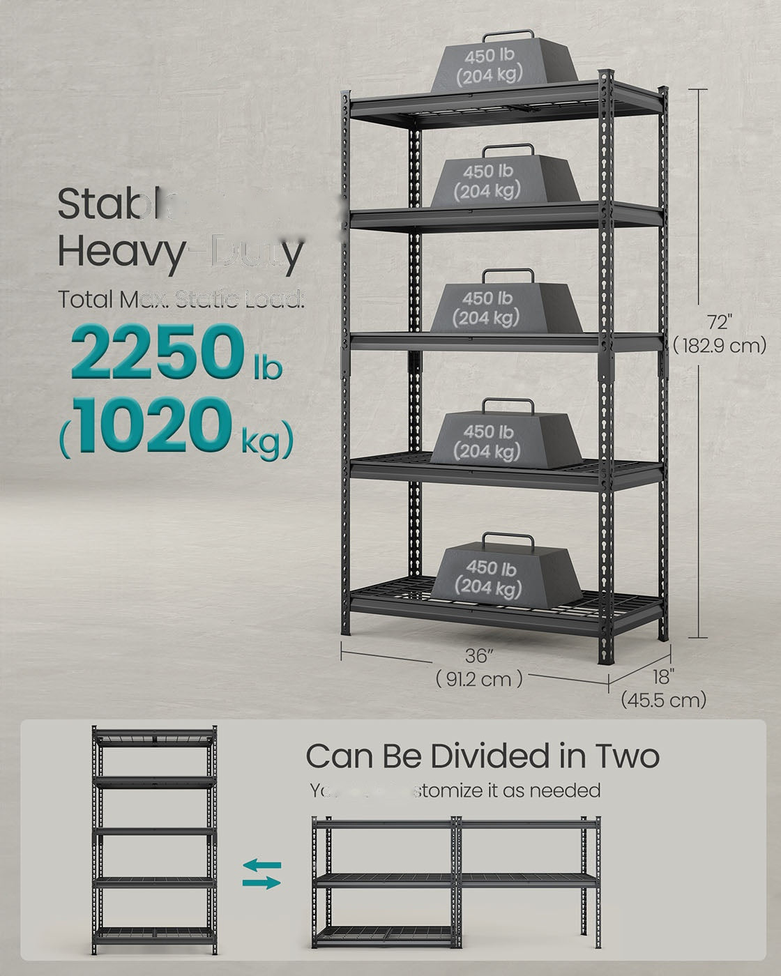 5 Tier Heavy Duty Garage Shelving, 2200 lb Capacity Boltless Rack - product photo 07