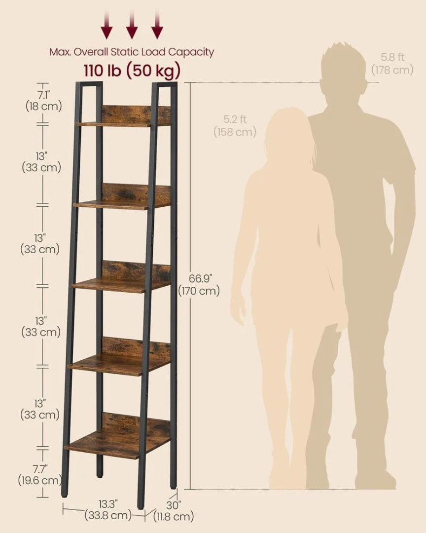 5 Tier Narrow Bookcase Ladder Shelf Space Saving Storage – product view 7 | Ridgefield Furniture