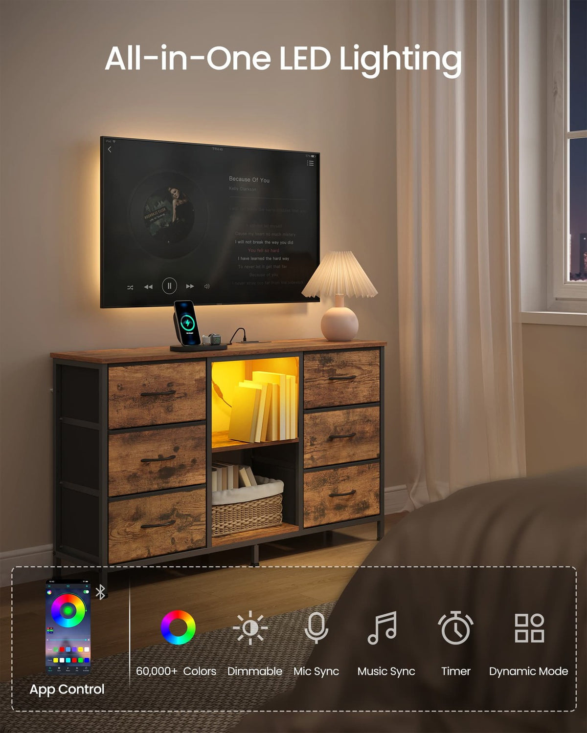 6 Drawer Dresser TV Stand With LED Lights & Outlets, 44.8 Inch - product photo 03