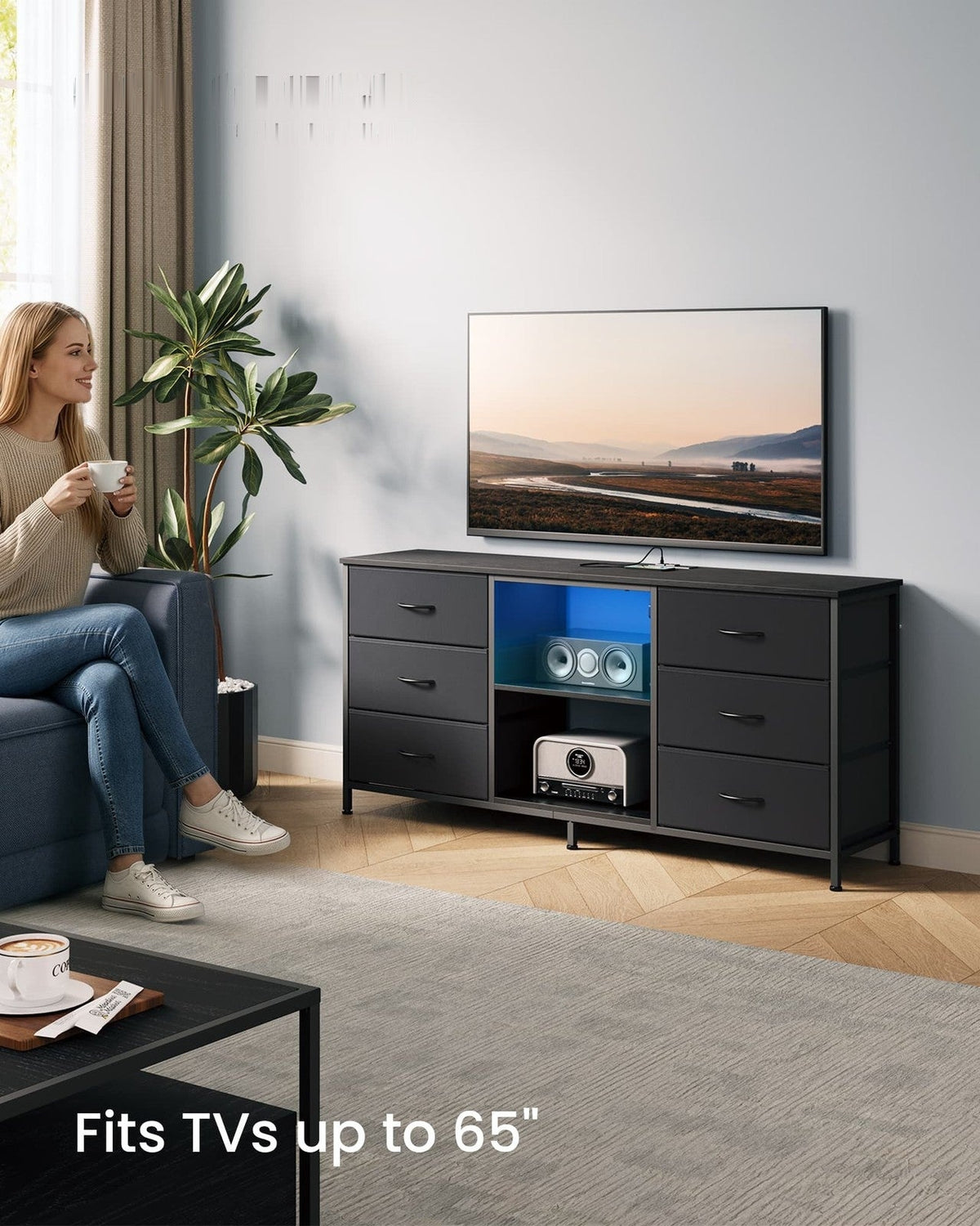 6 Drawer Dresser TV Stand With LED Lights & Outlets, 57.8 Inch - product photo 02