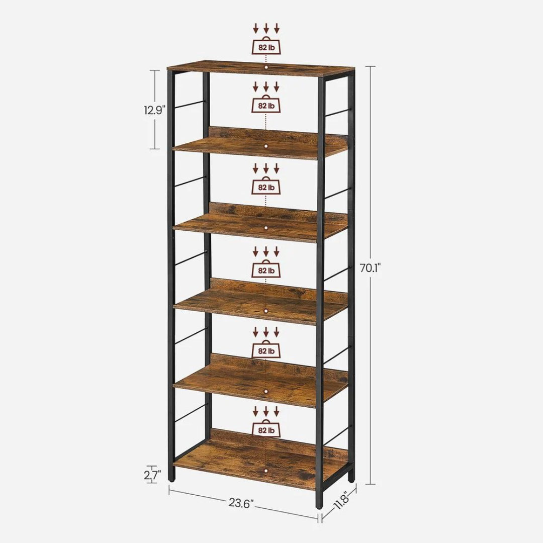 6 Tier Industrial Bookshelf With Steel Frame Storage Shelf – product view 7 | Ridgefield Furniture