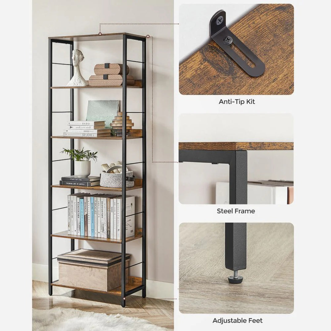 6 Tier Industrial Bookshelf With Steel Frame Storage Shelf – product view 8 | Ridgefield Furniture