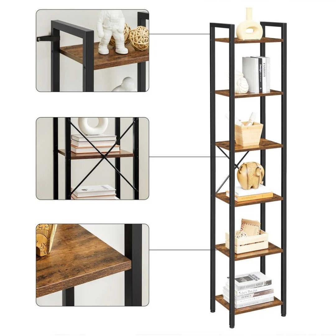 6 Tier Narrow Bookcase With Steel Frame Storage Shelf – product view 4 | Ridgefield Furniture