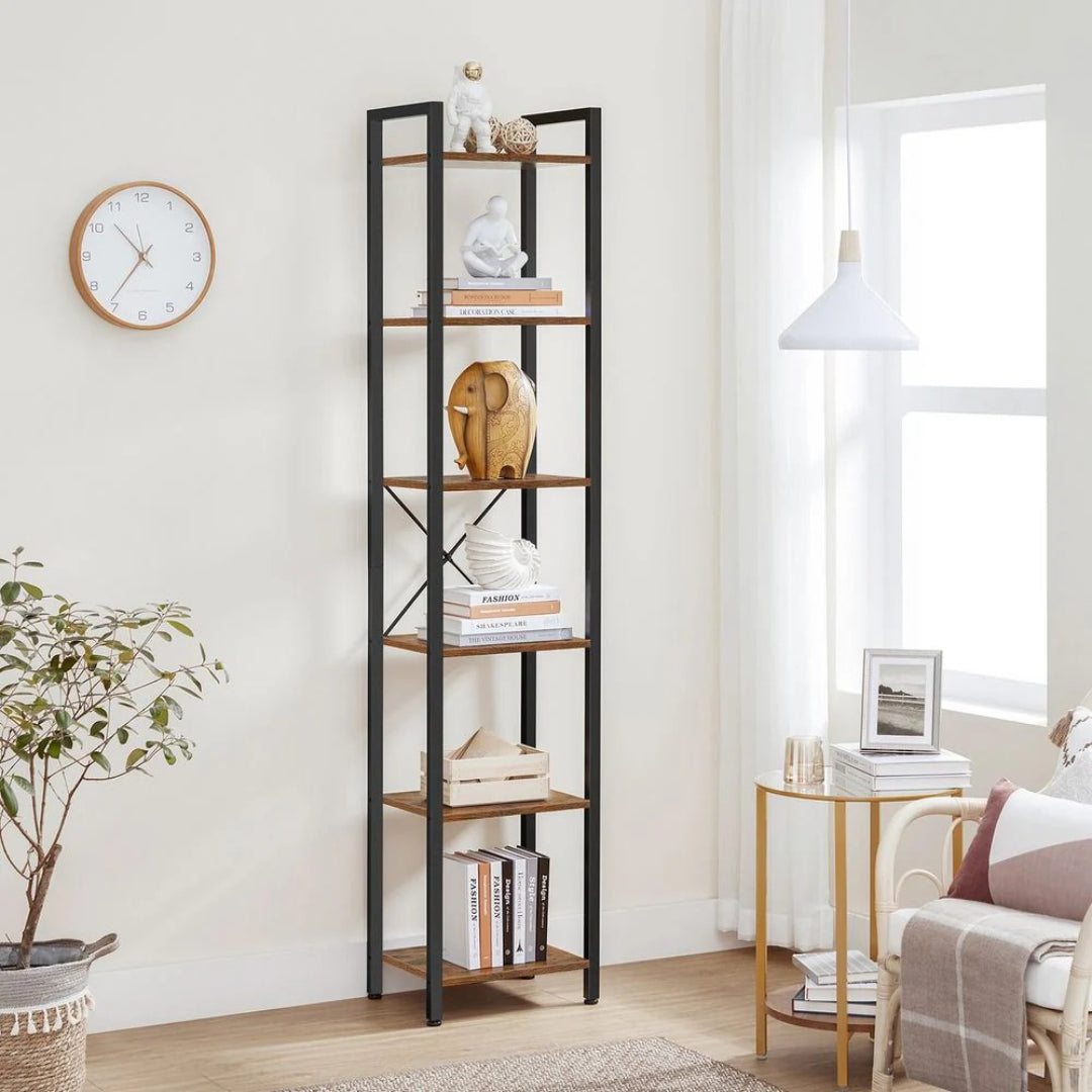6 Tier Narrow Bookcase With Steel Frame Storage Shelf – product view 6 | Ridgefield Furniture