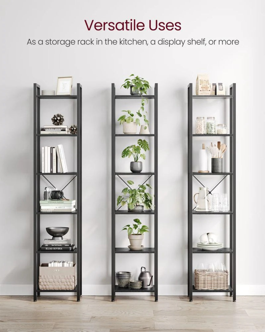 6 Tier Narrow Bookcase With Steel Frame Storage Shelf – product view 28 | Ridgefield Furniture