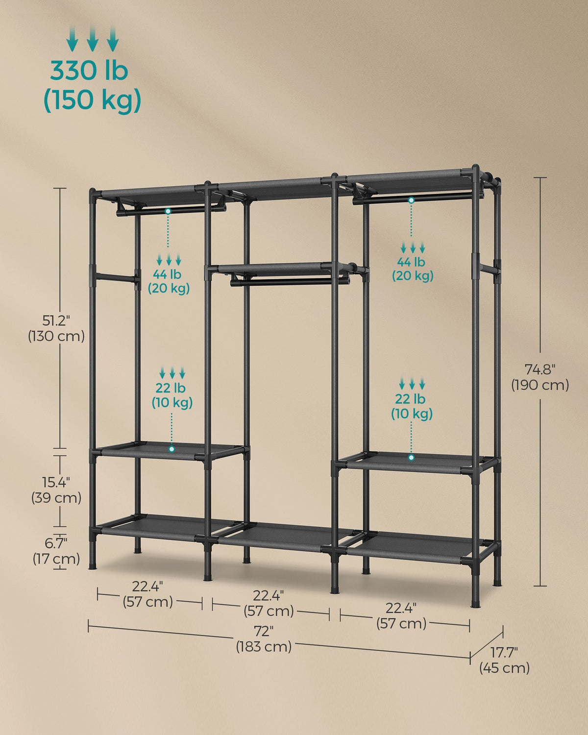74.8” High Clothes Rack With Hanging Rails - product photo 11