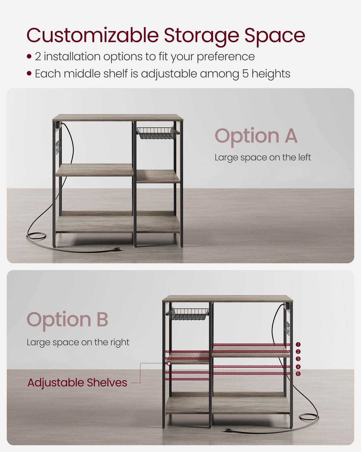 Bakers Rack With Charging Station And Adjustable Shelves, Kitchen Rack - product photo 47