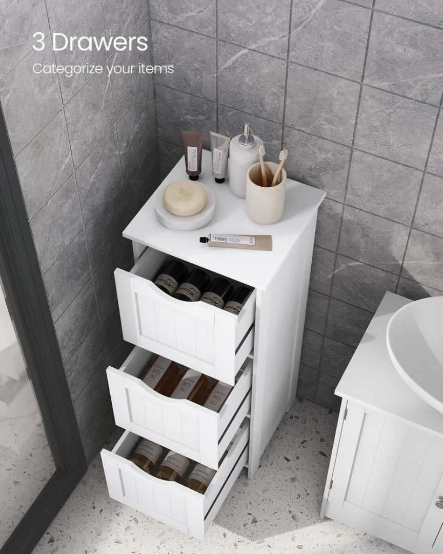 Bathroom Floor Cabinet With 3 Drawers Slim Storage 31.9in High – product view 3 | Ridgefield Furniture