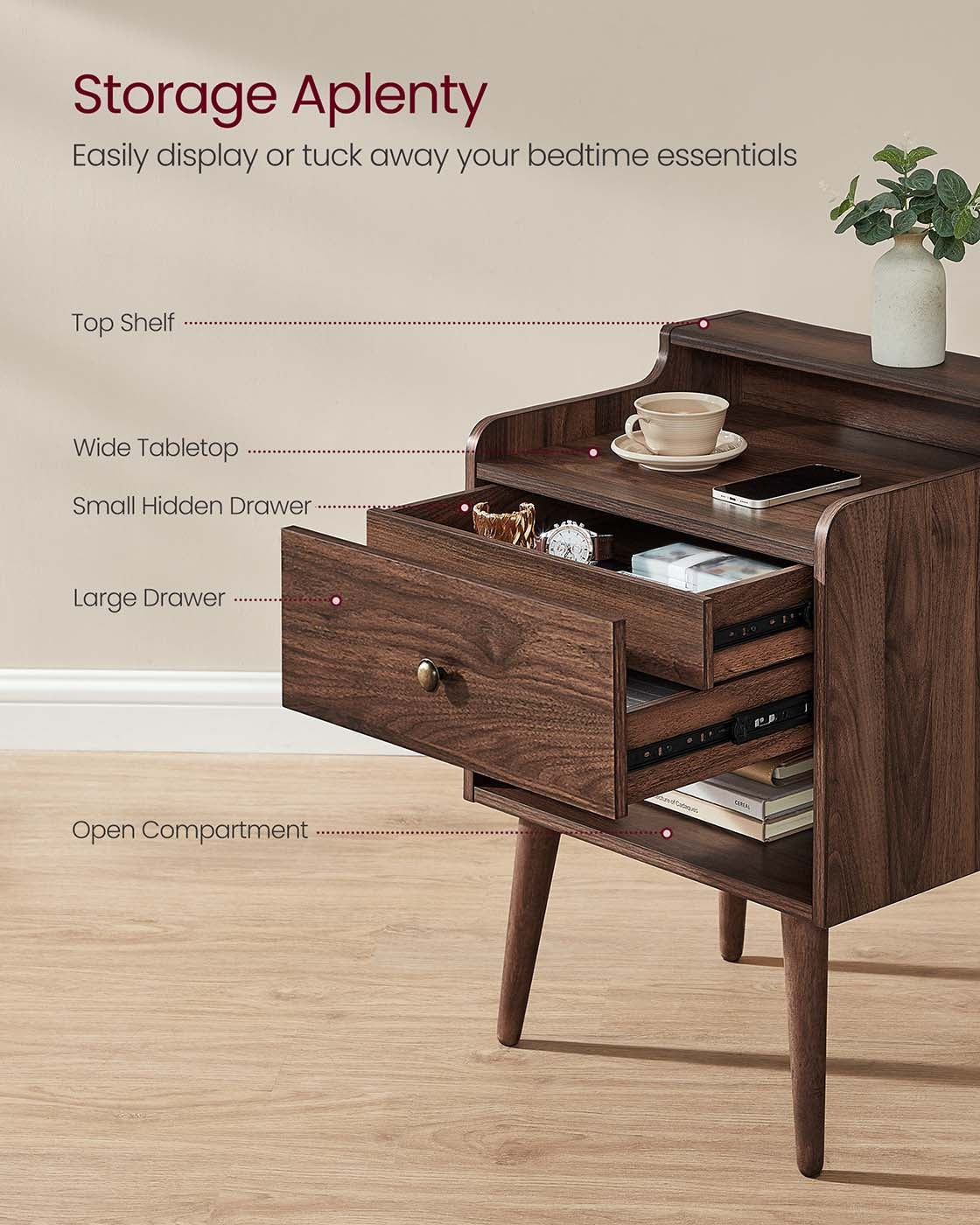 Bedside Tables With Hidden Drawers, Mid Century Nightstand Set - product photo 30