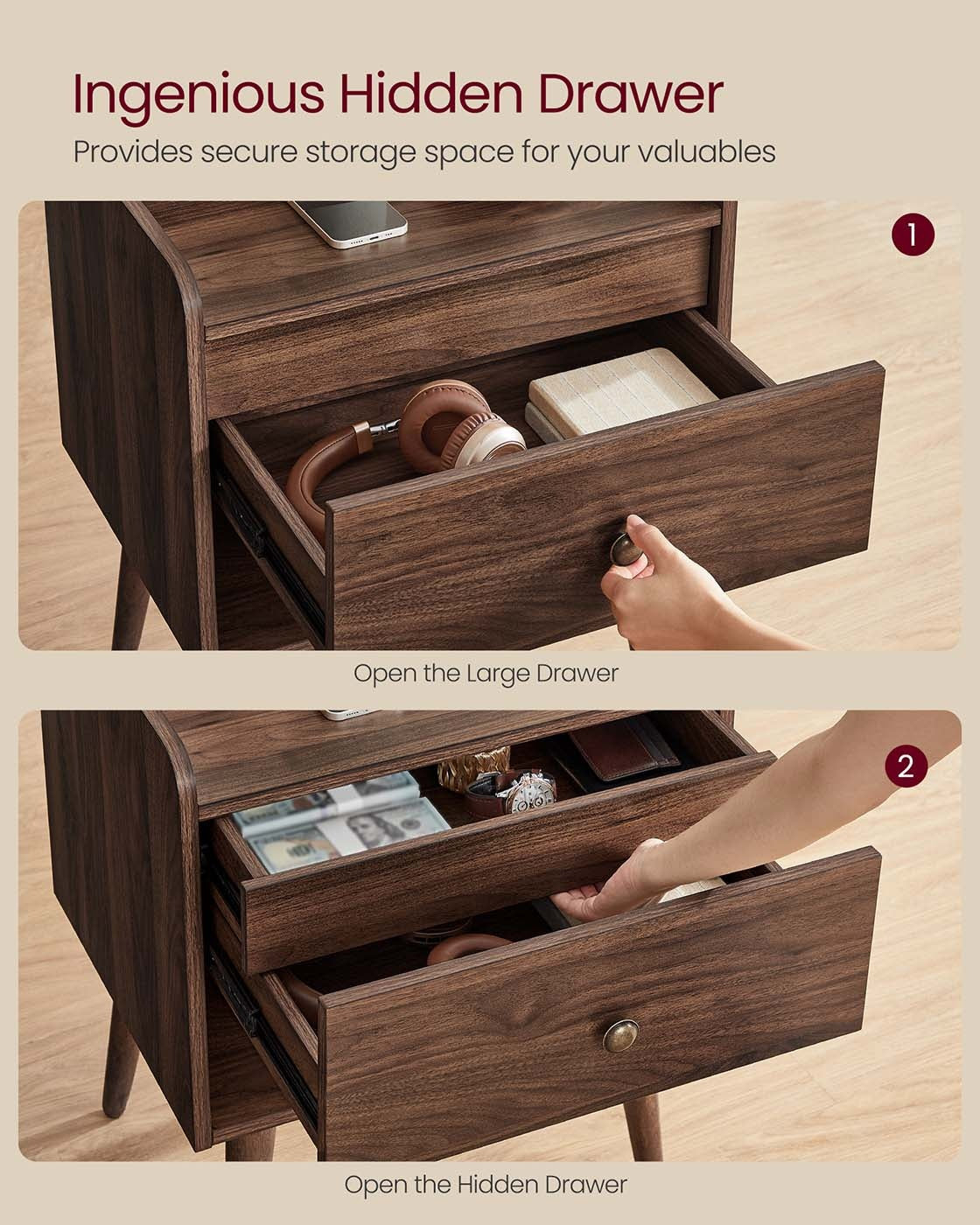 Bedside Tables With Hidden Drawers, Mid Century Nightstand Set - product photo 31