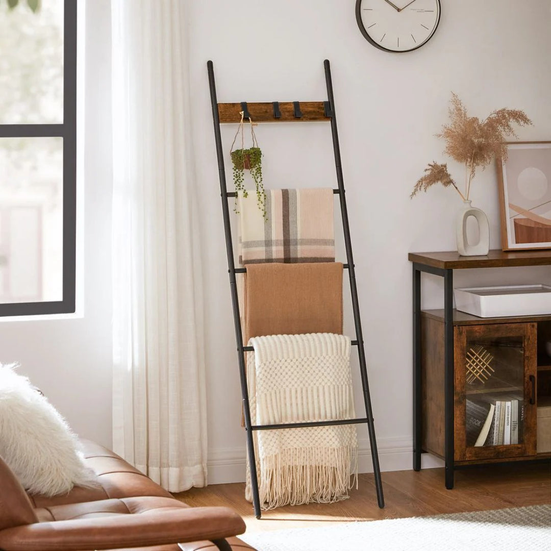 Blanket Ladder Shelf 5-Tier Towel Rack With Hooks – product view 2 | Ridgefield Furniture