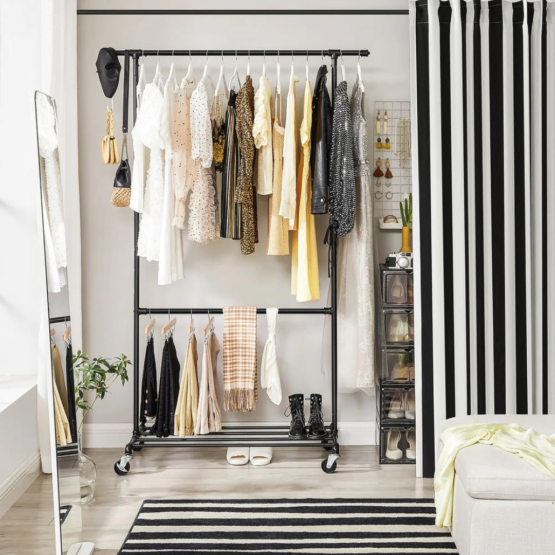 Clothing Rack Double Rod Rolling Garment Rack Heavy Duty – product view 4 | Ridgefield Furniture