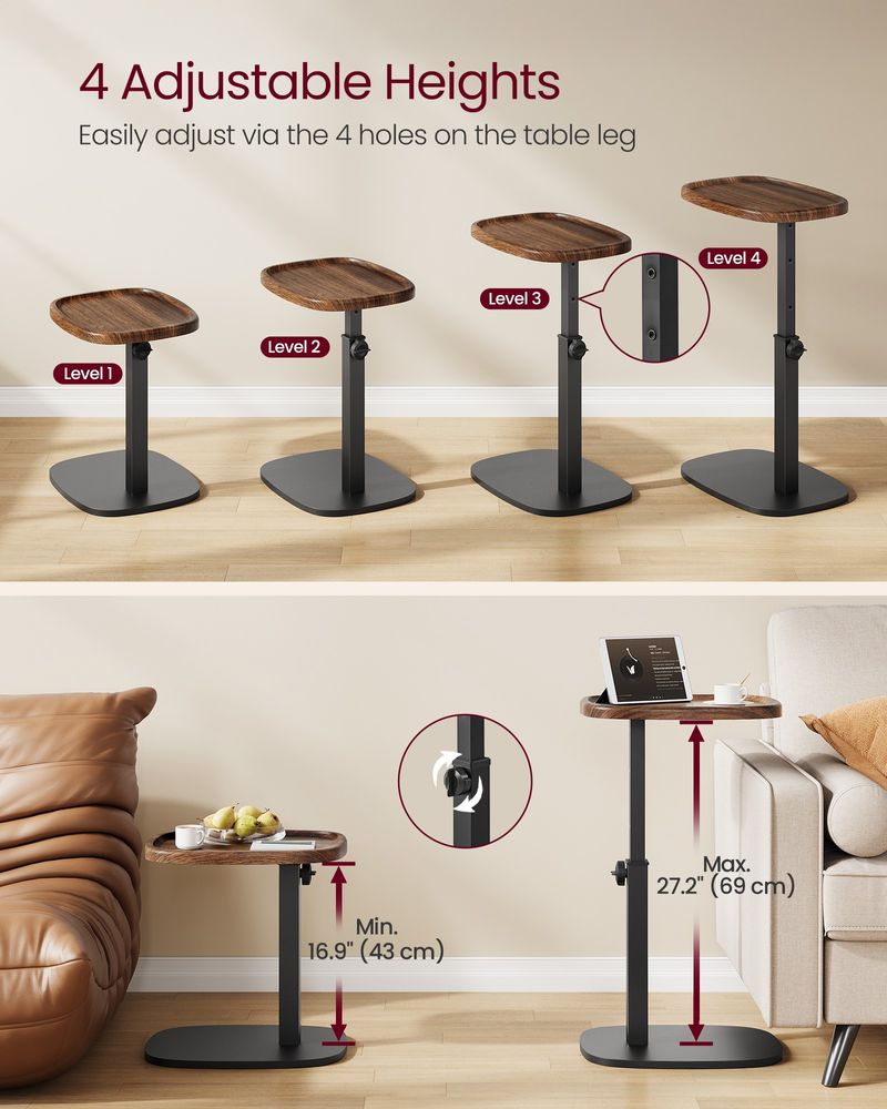 Couch Table, C-Shaped Sofa Side End Table, Bedside Table, Adjustable Height - product photo 03