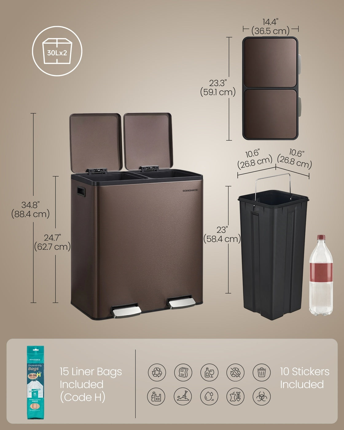 Double Compartment Stainless Steel Trash Can With Soft Close Lids - product photo 73