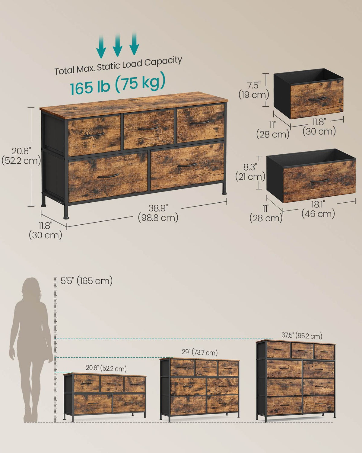 Dresser For Bedroom, Wide Dresser With 5 Fabric Drawers - product photo 10