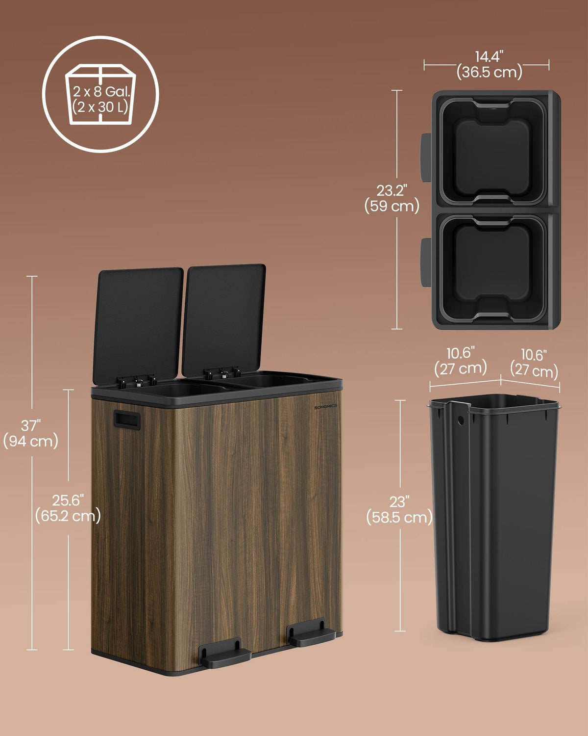 Dual Compartment Kitchen Trash Can With Airtight Hinged Lids - product photo 32