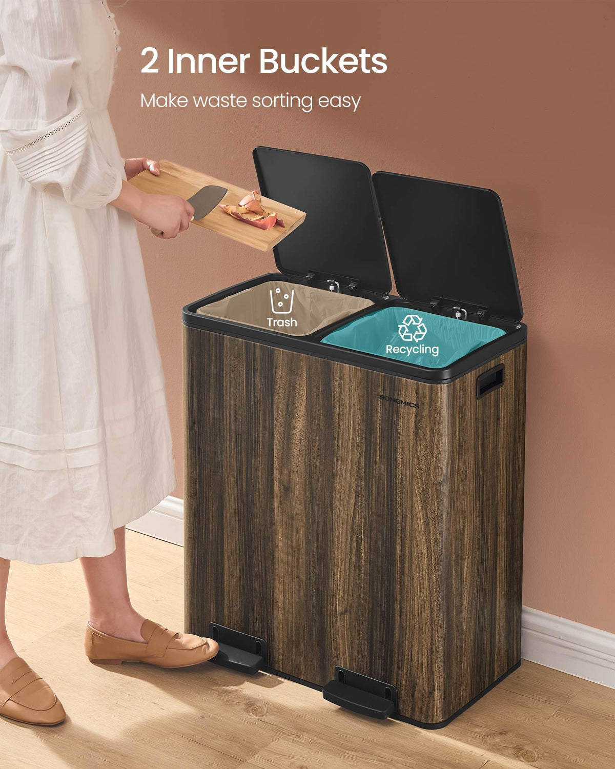 Dual Compartment Kitchen Trash Can With Airtight Hinged Lids - product photo 34