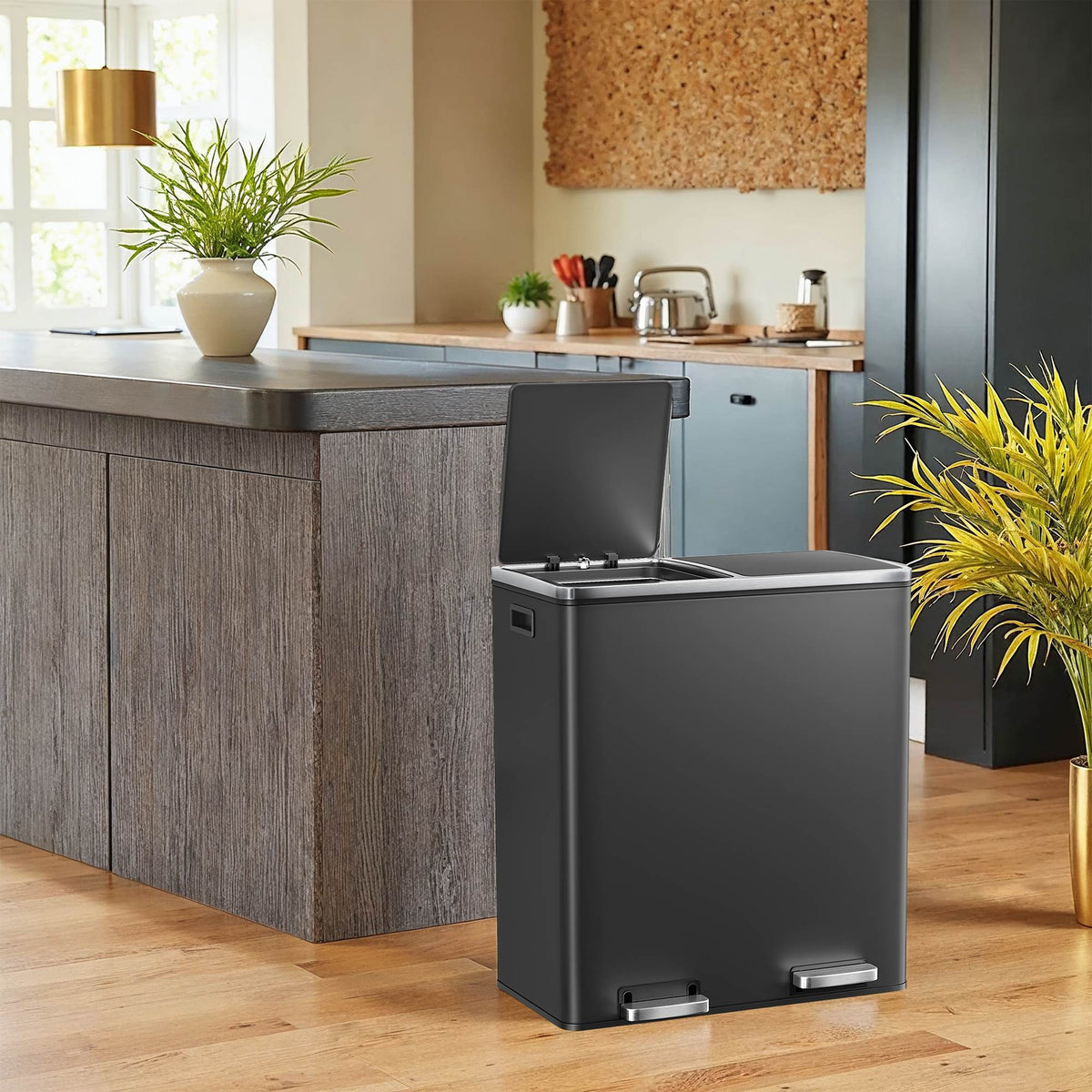 Dual Compartment Kitchen Trash Can With Airtight Hinged Lids - ULTB35B60BK