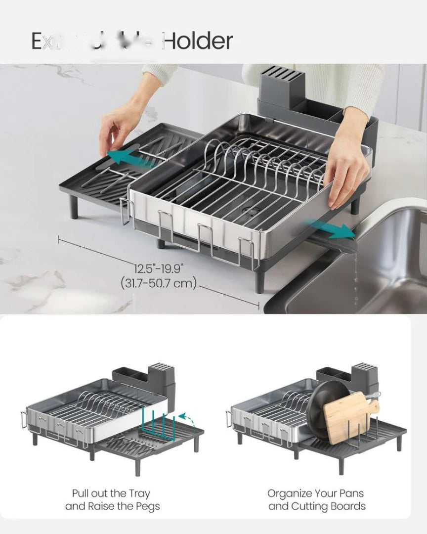 Expandable Stainless Steel Dish Drying Rack with Utensil and Cup Holder – product view 5 | Ridgefield Furniture