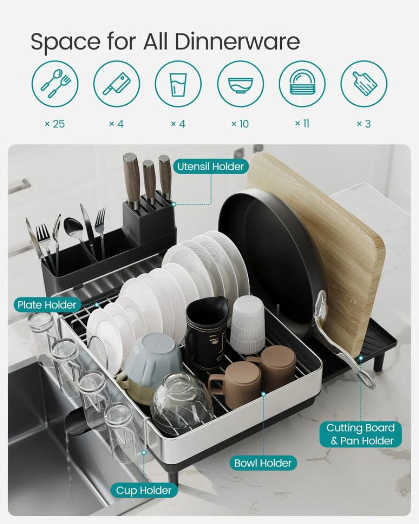Expandable Stainless Steel Dish Drying Rack with Utensil and Cup Holder – product view 8 | Ridgefield Furniture