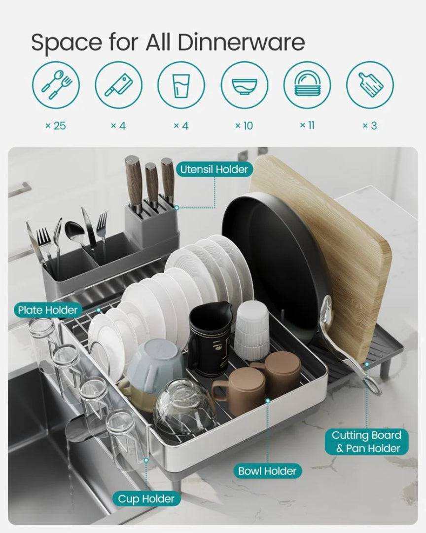 Expandable Stainless Steel Dish Drying Rack with Utensil and Cup Holder – product view 11 | Ridgefield Furniture