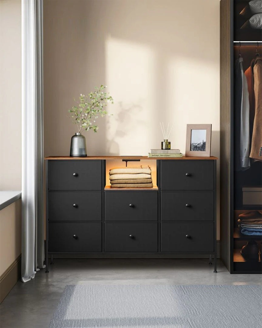 Fabric Dresser With LED Lights And Power Outlets 8 Drawer – product view 3 | Ridgefield Furniture