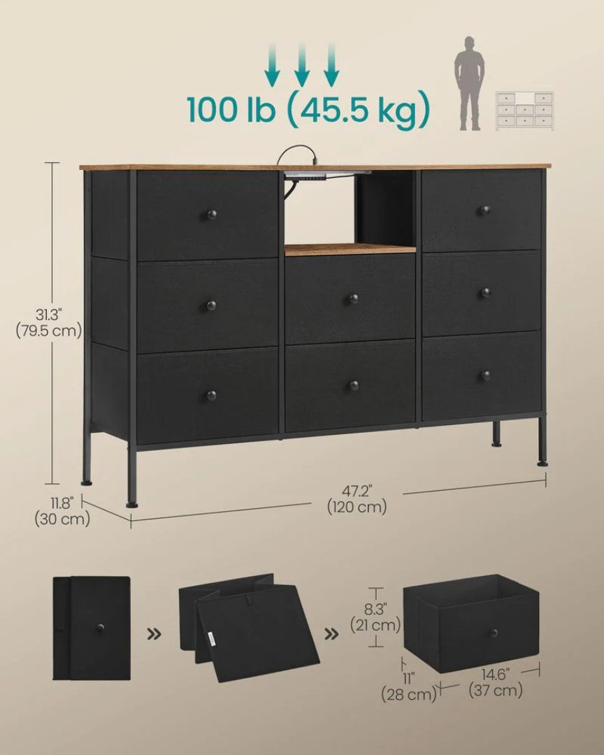 Fabric Dresser With LED Lights And Power Outlets 8 Drawer – product view 6 | Ridgefield Furniture