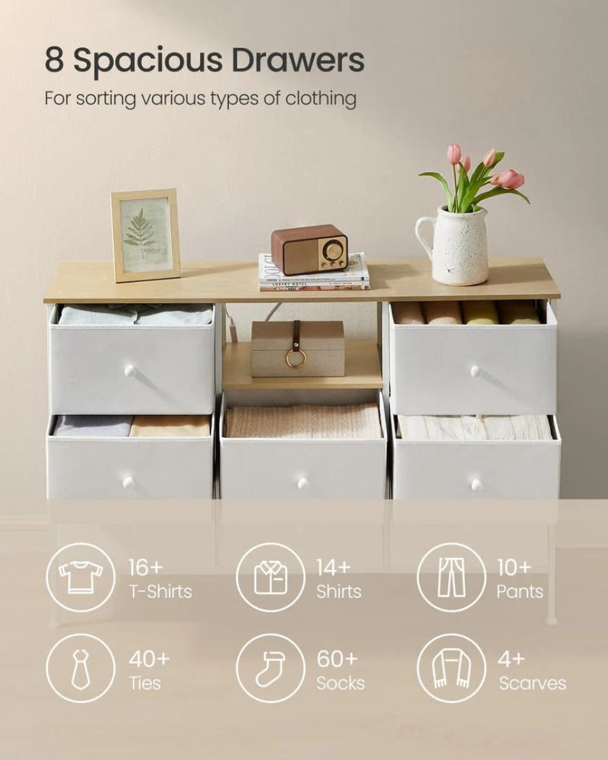 Fabric Dresser With LED Lights And Power Outlets 8 Drawer – product view 10 | Ridgefield Furniture